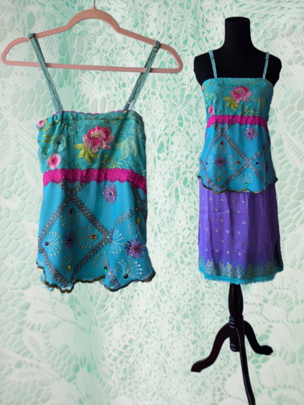 Handmade Baby Doll Top Vintage-Style Embroidered Flowers Mermaidcore